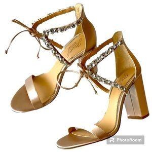 Badgley Mischka Gold Satin Crystal Ankle-Tie Block Heel Sandals